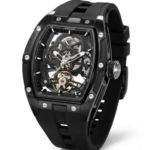 Megir 2242G Mechanical Watch: Men’s Luxury Barrel Skeleton Dial, Black Silicone Strap