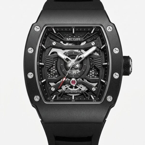 MEGIR Men's Automatic Watch - Silver Stainless Steel with Black Silicone Strap