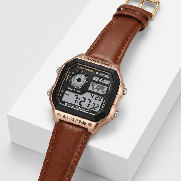 SYNOKE 9619 Men's Retro Digital Watch – Rose Gold Square Case with Brown Leather Strap