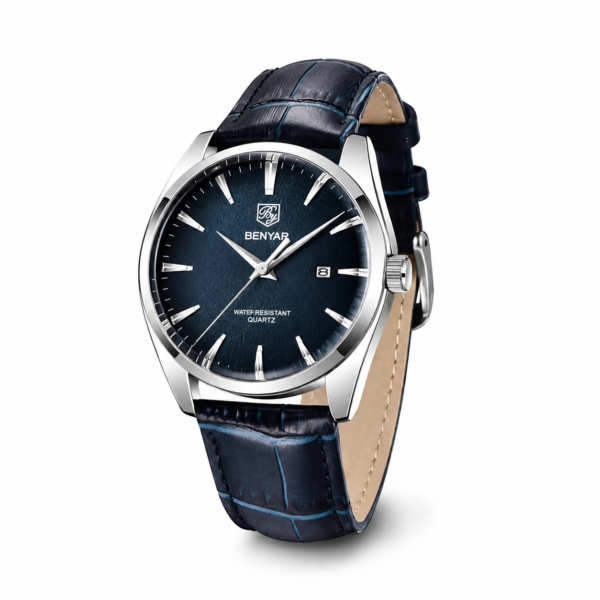 Benyar Men's Classic Business Quartz Watch - Luxury Blue Dial Analog Wristwatch with Blue Leather Strap