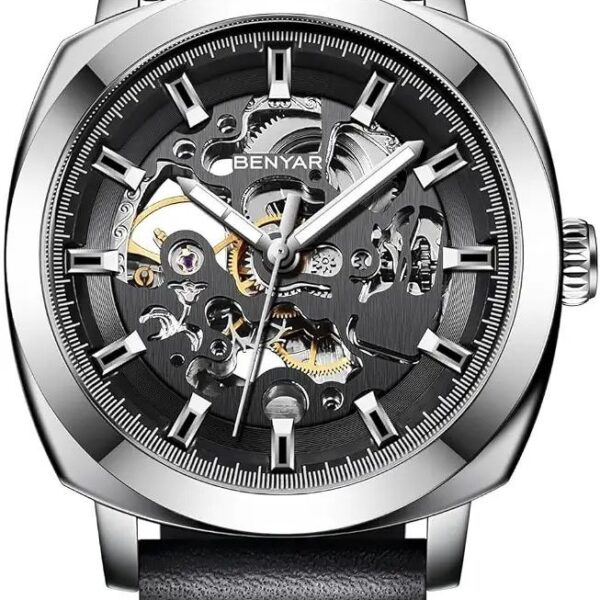 BENYAR BY-5121 Men’s Automatic Skeleton Watch – Waterproof Mechanical Wristwatch with Black Leather Strap