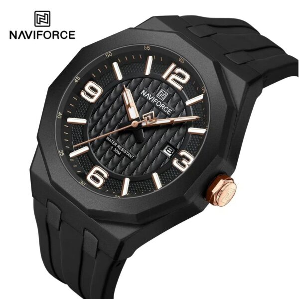 Naviforce NF8079 Men's Textured Dial Analog Watch – Black & Rose Gold