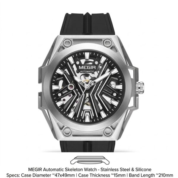 MEGIR 8603 Men’s Automatic Watch | Luxury Skeleton Dial with Black Silicone Strap